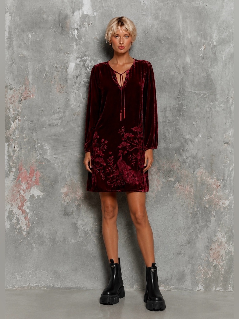 New🌺$388 Johnny Was Burgundy Velvet V-Neck Kimono Sleeve Embroidered Dress XL